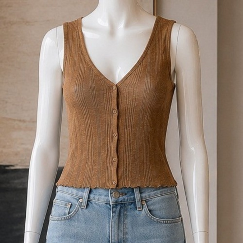 Universal Thread Womens Tank Top Brown Ribbed Button Front Lettuce Hem Size S